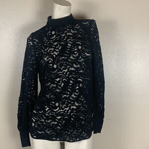 H&M black lace blouse top size small mock neck